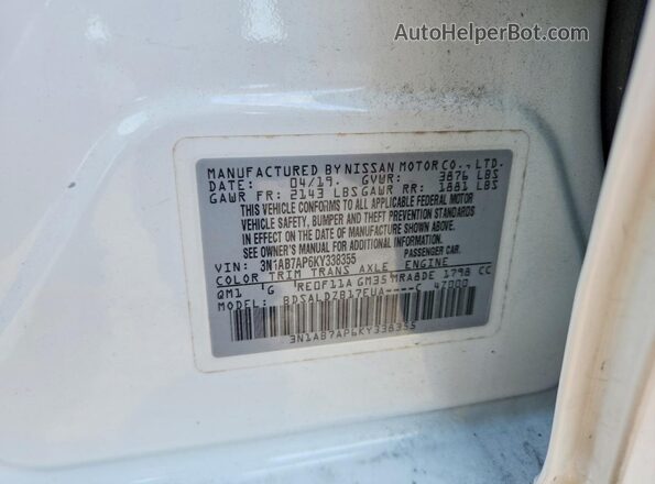 3N1AB7AP6KY338355 2019 NISSAN SENTRA Белый Вид наклейки с VIN-кодом