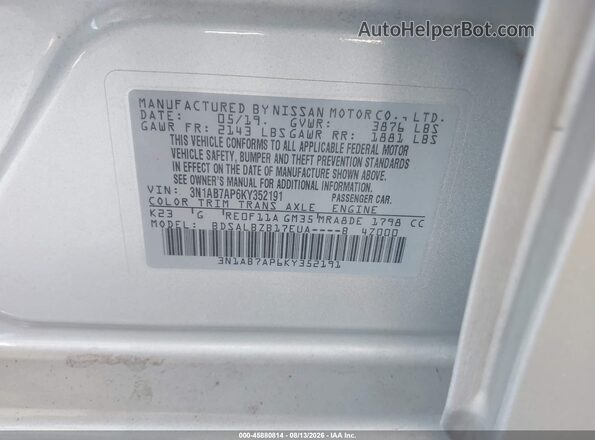 3N1AB7AP6KY352191 2019 NISSAN SENTRA Silver ძრავის განყოფილების ხედი