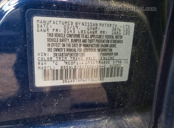 3N1AB7AP6KY361280 2019 NISSAN SENTRA Blue Շարժիչի բաժամունքի տեսք