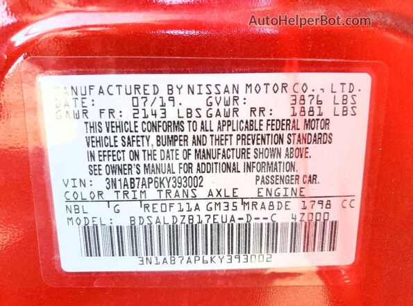 3N1AB7AP6KY393002 2019 NISSAN SENTRA Red Vista de la etiqueta del VIN