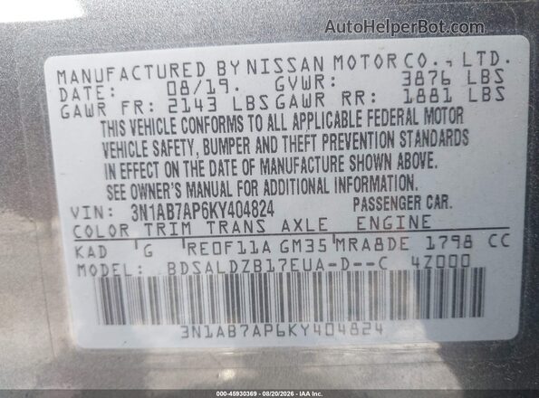 3N1AB7AP6KY404824 2019 NISSAN SENTRA Gray Շարժիչի բաժամունքի տեսք