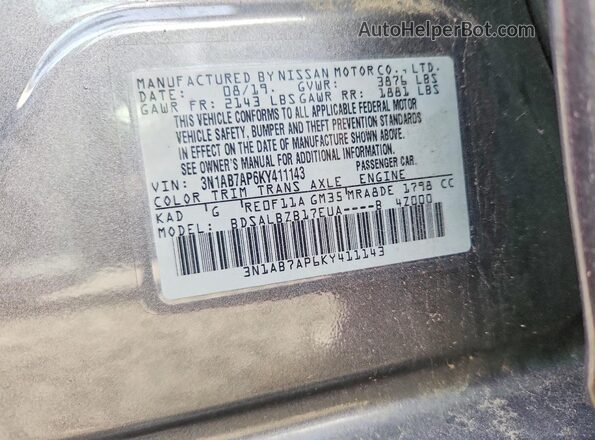 3N1AB7AP6KY411143 2019 NISSAN SENTRA Charcoal VIN კოდის სტიკერის ხედი