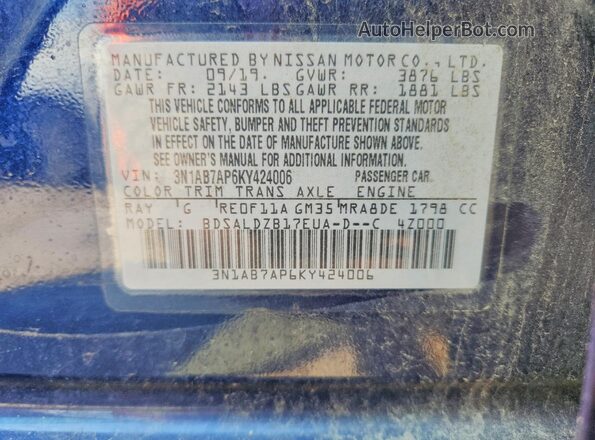 3N1AB7AP6KY424006 2019 NISSAN SENTRA Blue Vista del compartimento del motor