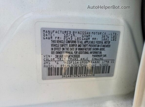 3N1AB7AP6KY436608 2019 NISSAN SENTRA White Շարժիչի բաժամունքի տեսք