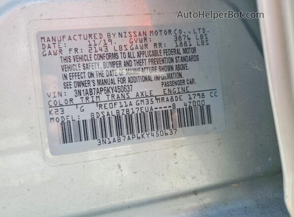 3N1AB7AP6KY450637 2019 NISSAN SENTRA Silver VIN კოდის სტიკერის ხედი