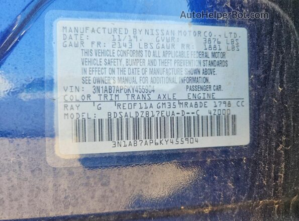 3N1AB7AP6KY455904 2019 NISSAN SENTRA Blue ძრავის განყოფილების ხედი