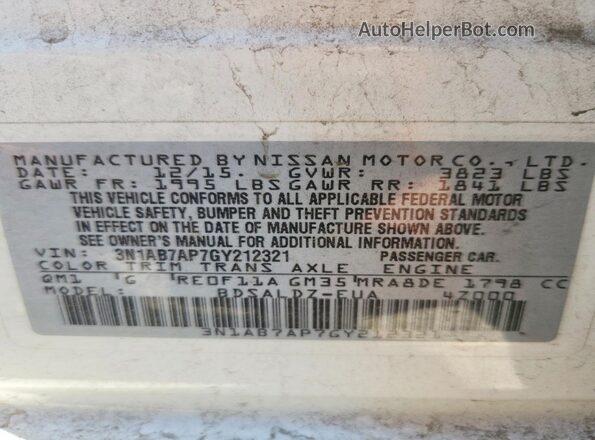3N1AB7AP7GY212321 2016 NISSAN SENTRA White Engine compartment view