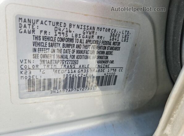 3N1AB7AP7GY273393 2016 NISSAN SENTRA Silver VIN sticker view