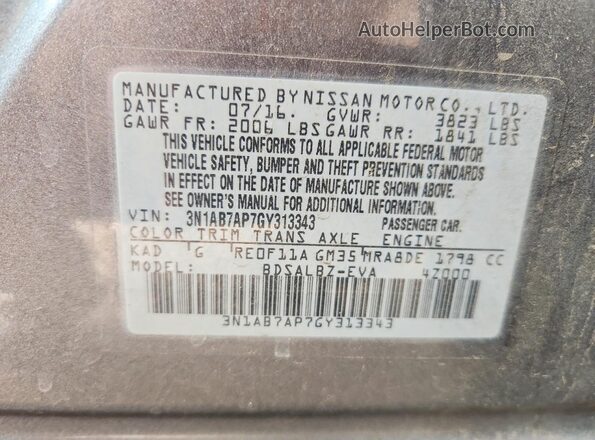 3N1AB7AP7GY313343 2016 NISSAN SENTRA Gray Widok naklejki z numerem VIN