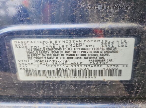 3N1AB7AP7HY228343 2017 NISSAN SENTRA Blue Շարժիչի բաժամունքի տեսք