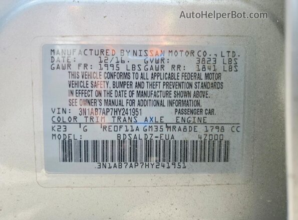 3N1AB7AP7HY241951 2017 NISSAN SENTRA Серебряный Вид наклейки с VIN-кодом