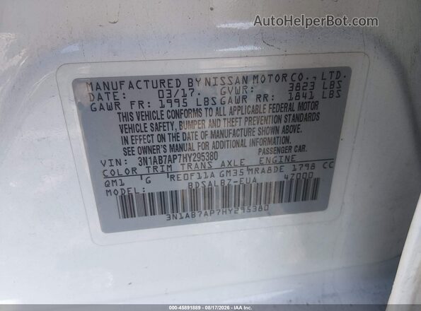 3N1AB7AP7HY295380 2017 NISSAN SENTRA White Widok komory silnika