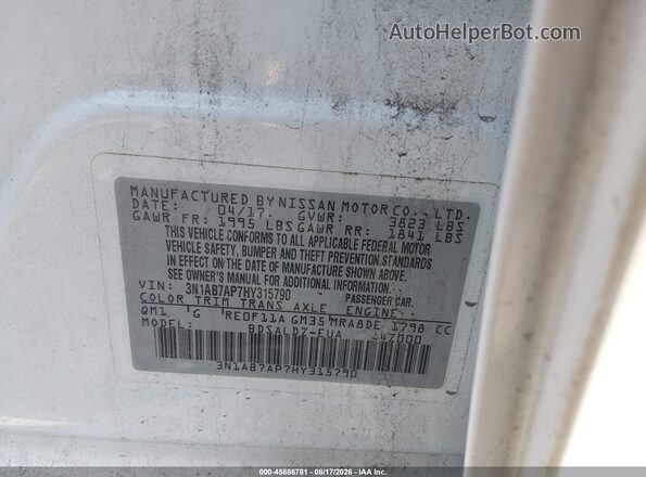 3N1AB7AP7HY315790 2017 NISSAN SENTRA White Շարժիչի բաժամունքի տեսք