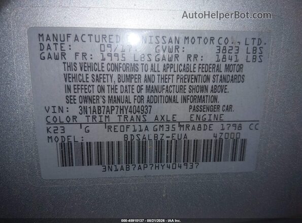 3N1AB7AP7HY404937 2017 NISSAN SENTRA Silver Widok komory silnika