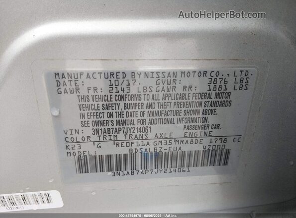 3N1AB7AP7JY214061 2018 NISSAN SENTRA Silver Vista del compartimento del motor