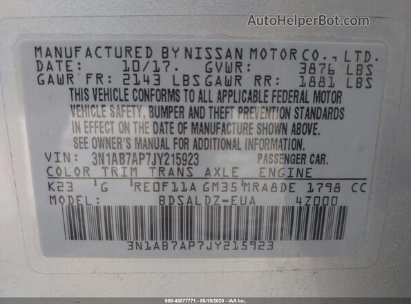 3N1AB7AP7JY215923 2018 NISSAN SENTRA Silver Vista del compartimento del motor