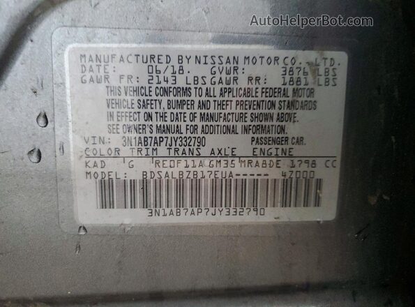 3N1AB7AP7JY332790 2018 NISSAN SENTRA Gray VIN կոդի պիտակի տեսք