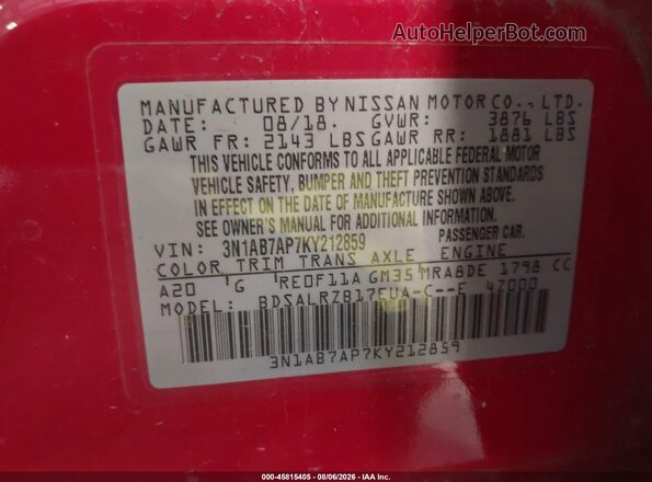 3N1AB7AP7KY212859 2019 NISSAN SENTRA Red Widok komory silnika