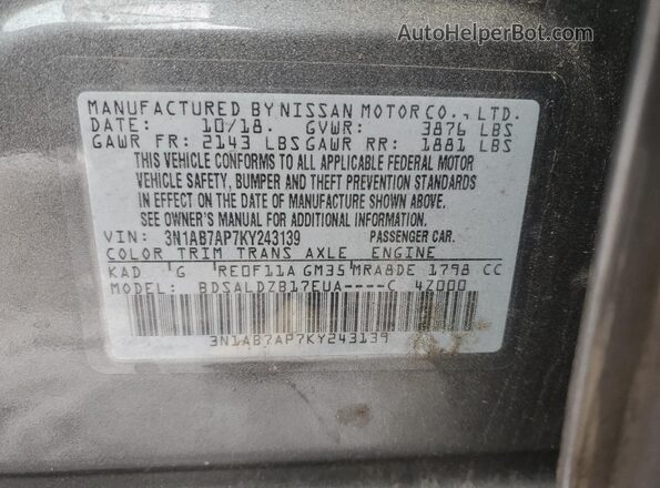 3N1AB7AP7KY243139 2019 NISSAN SENTRA Gray Widok komory silnika