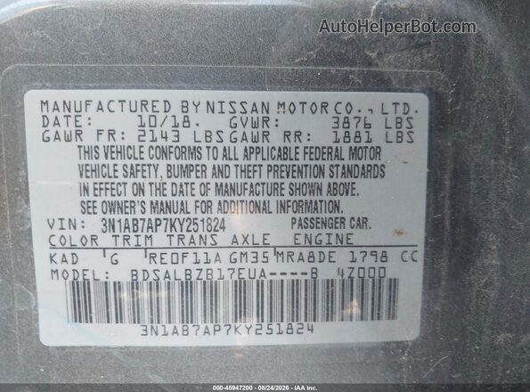 3N1AB7AP7KY251824 2019 NISSAN SENTRA Серый Вид подкапотного пространства