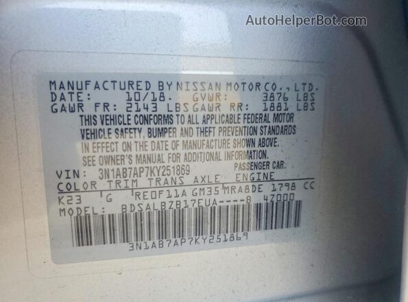 3N1AB7AP7KY251869 2019 NISSAN SENTRA Silver Engine compartment view