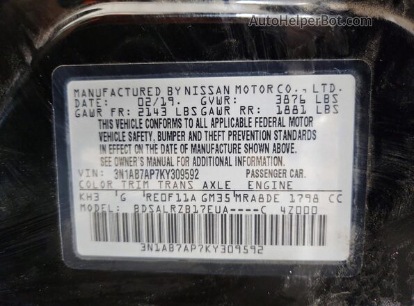 3N1AB7AP7KY309592 2019 NISSAN SENTRA Black Widok naklejki z numerem VIN