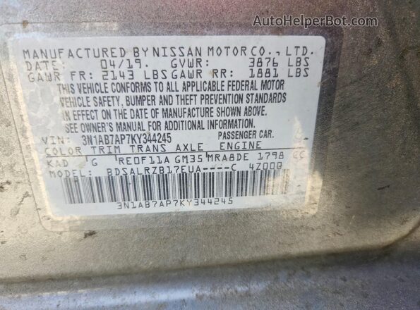3N1AB7AP7KY344245 2019 NISSAN SENTRA Gray ძრავის განყოფილების ხედი