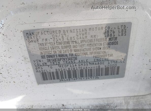 3N1AB7AP7KY349736 2019 NISSAN SENTRA White Շարժիչի բաժամունքի տեսք