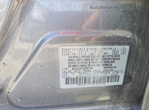 3N1AB7AP7KY357190 2019 NISSAN SENTRA Угольный Вид подкапотного пространства