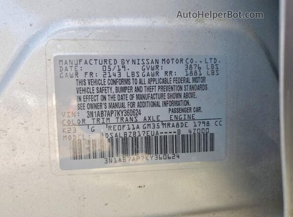 3N1AB7AP7KY360624 2019 NISSAN SENTRA Silver Widok komory silnika