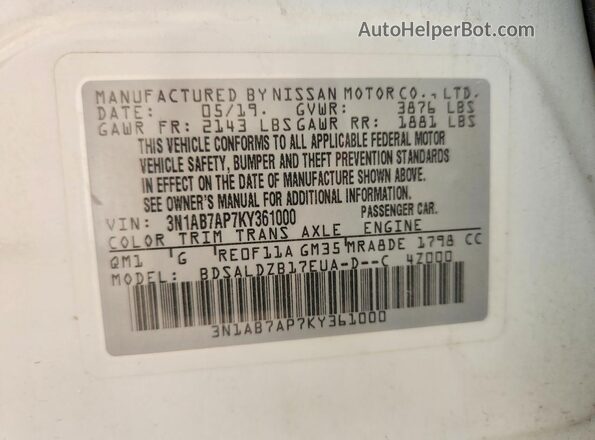 3N1AB7AP7KY361000 2019 NISSAN SENTRA White Widok komory silnika