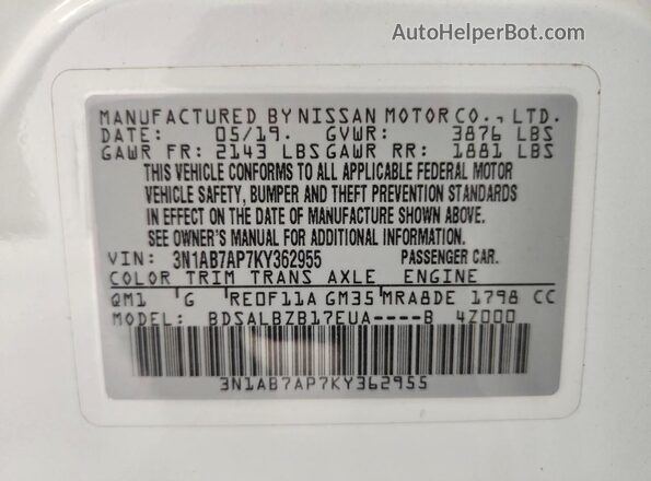 3N1AB7AP7KY362955 2019 NISSAN SENTRA White VIN sticker view