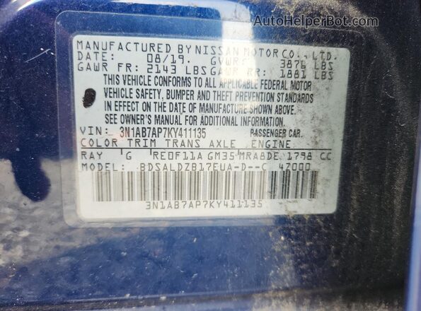 3N1AB7AP7KY411135 2019 NISSAN SENTRA Blue Engine compartment view
