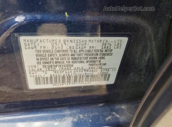3N1AB7AP7KY426654 2019 NISSAN SENTRA Blue ძრავის განყოფილების ხედი