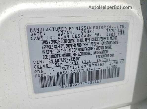 3N1AB7AP7KY435161 2019 NISSAN SENTRA White Vista de la etiqueta del VIN