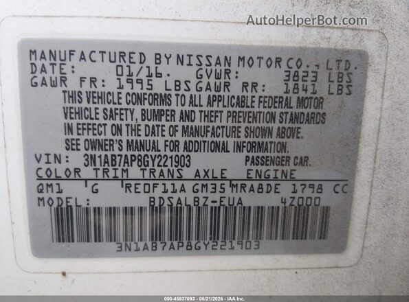 3N1AB7AP8GY221903 2016 NISSAN SENTRA White Vista del compartimento del motor