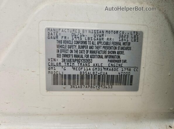 3N1AB7AP8GY293653 2016 NISSAN SENTRA White Շարժիչի բաժամունքի տեսք