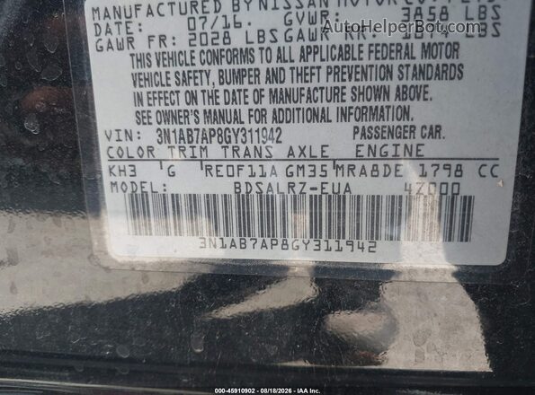3N1AB7AP8GY311942 2016 NISSAN SENTRA Black Շարժիչի բաժամունքի տեսք