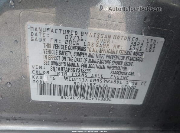 3N1AB7AP8GY313836 2016 NISSAN SENTRA Gray ძრავის განყოფილების ხედი