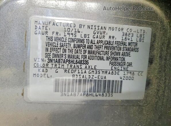 3N1AB7AP8HL648335 2017 NISSAN SENTRA Gray ძრავის განყოფილების ხედი