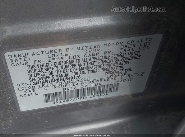 3N1AB7AP8HL649176 2017 NISSAN SENTRA Серый Вид подкапотного пространства