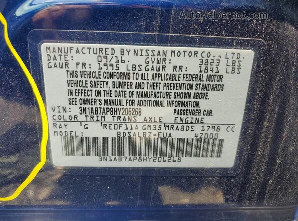 3N1AB7AP8HY206268 2017 NISSAN SENTRA Blue VIN კოდის სტიკერის ხედი