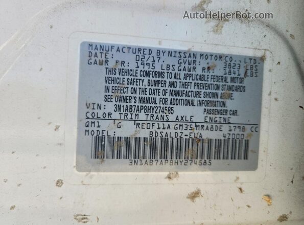 3N1AB7AP8HY274585 2017 NISSAN SENTRA White Vista del compartimento del motor
