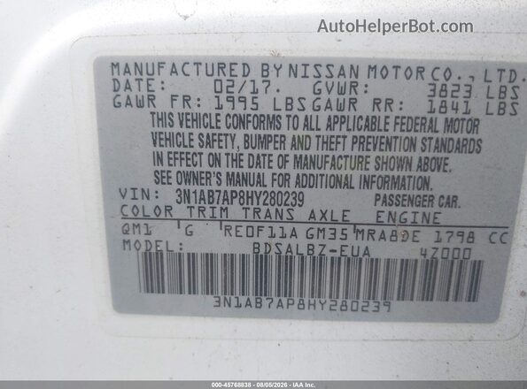3N1AB7AP8HY280239 2017 NISSAN SENTRA White Widok komory silnika