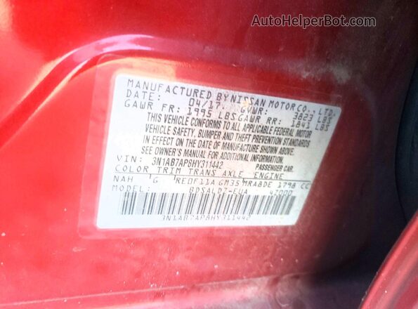 3N1AB7AP8HY311442 2017 NISSAN SENTRA Red VIN կոդի պիտակի տեսք