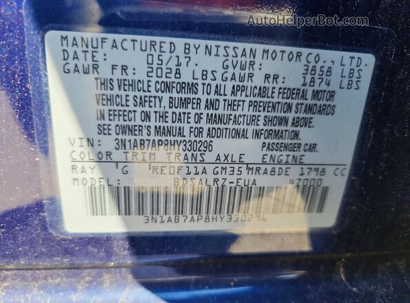 3N1AB7AP8HY330296 2017 NISSAN SENTRA Синий Вид наклейки с VIN-кодом