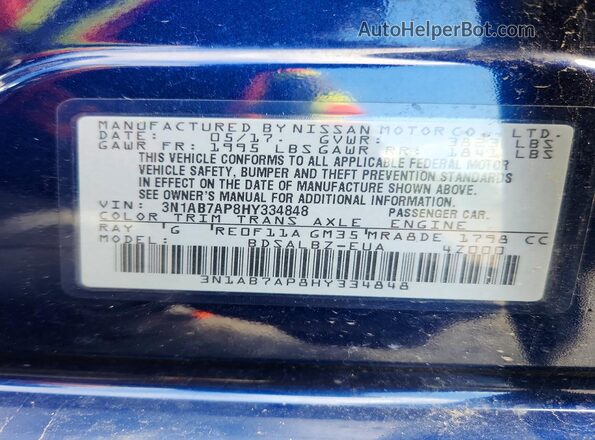 3N1AB7AP8HY334848 2017 NISSAN SENTRA Blue VIN sticker view