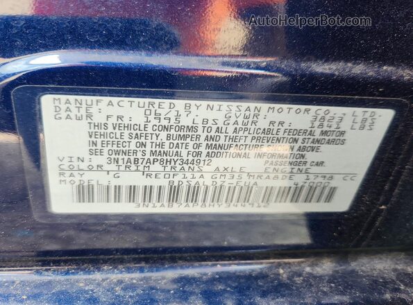 3N1AB7AP8HY344912 2017 NISSAN SENTRA Blue VIN կոդի պիտակի տեսք