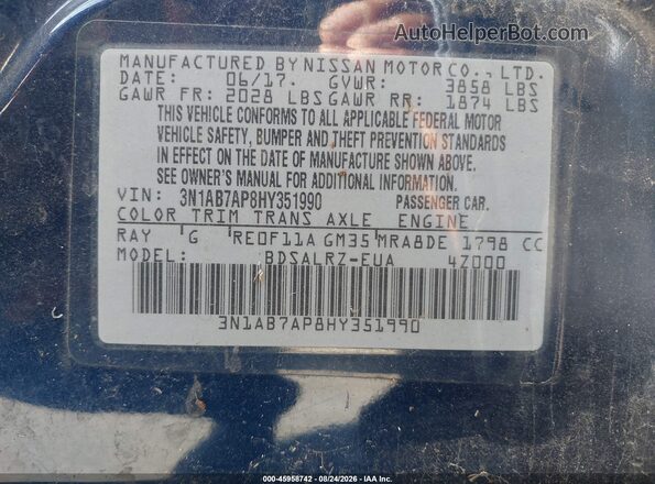 3N1AB7AP8HY351990 2017 NISSAN SENTRA Dark Blue Вид підкапотного простору
