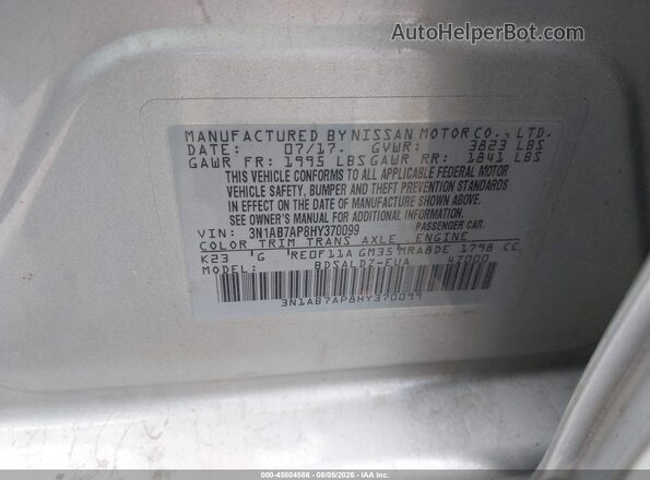 3N1AB7AP8HY370099 2017 NISSAN SENTRA Silver Widok komory silnika
